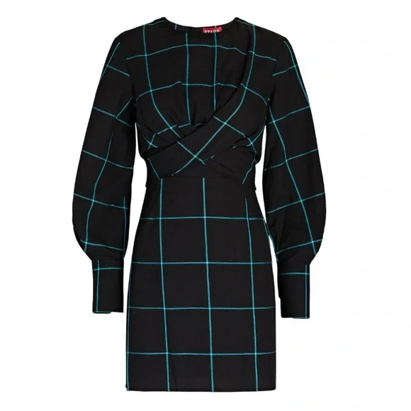 NEW Staud Black Windowpane Long Sleeve Cut Out Mini Crosshill Dress Size Large - Picture 1 of 8